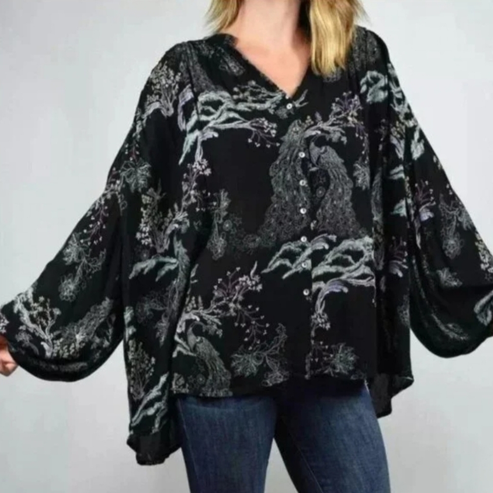 Free People Floral Peacock Black Button Up Blouse M